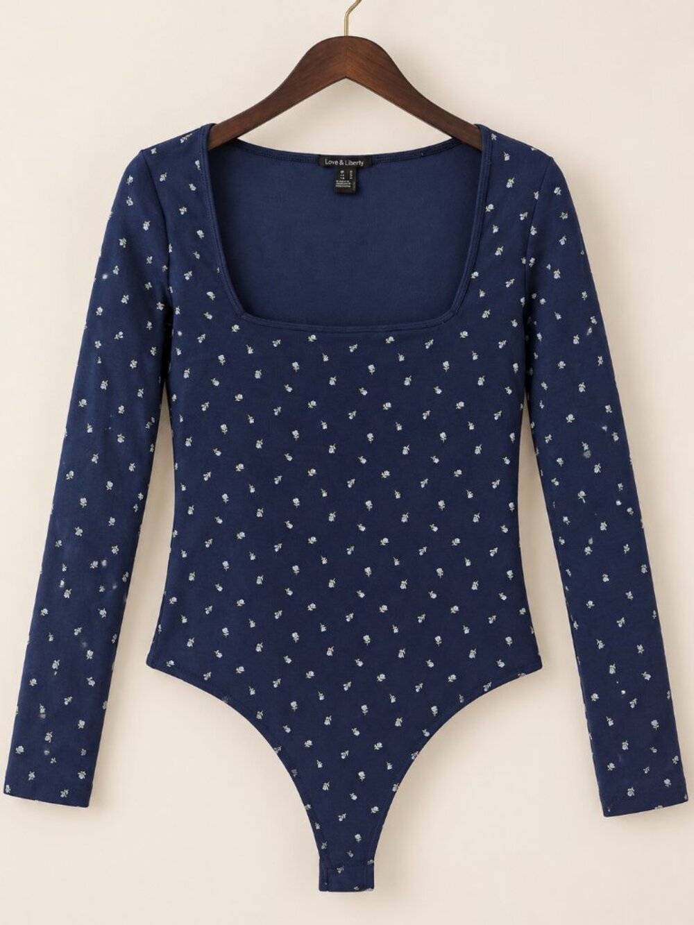 Cotton Stretch Floral Navy Long Sleeve Bodysuit Square Neck Size M